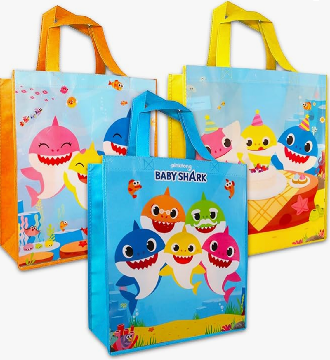 Screen Legends Baby Shark Tote Bag Bundle - 3 Large Baby Shark Reusable Grocery Bags, Travel Totes for Kids Party Supplies, Party Favors | Baby Shark Reusable Tote Bag