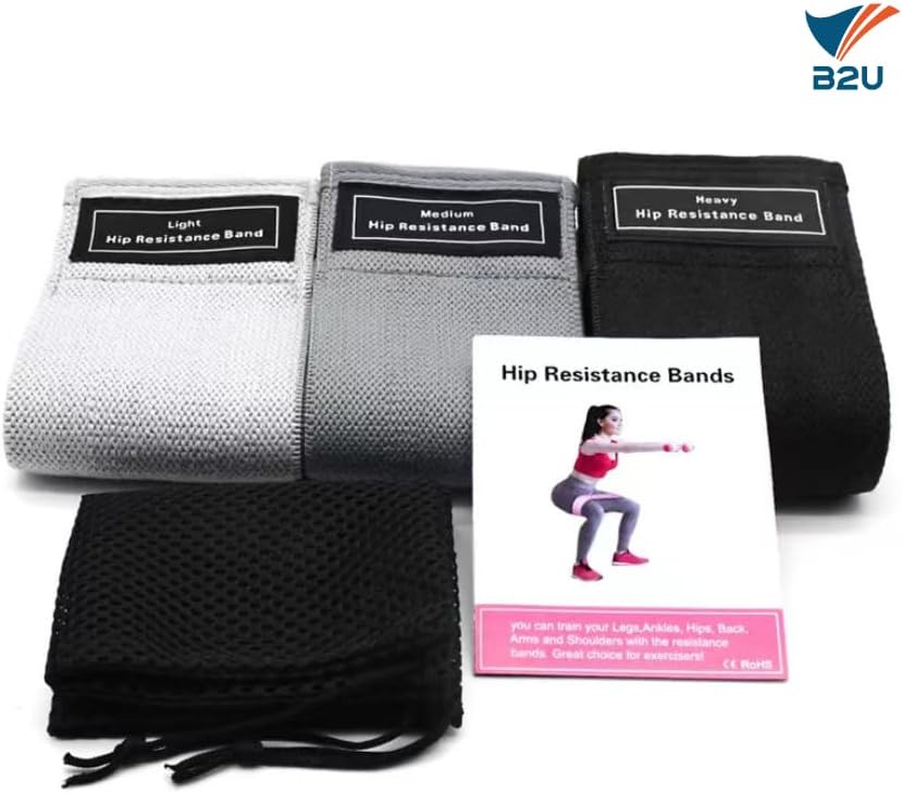 Resistance Bands - Exercise Workout Bands with Non-Slip Design - Set of 3 Levels - for Legs, HIPS & Glutes - B2U Fitness