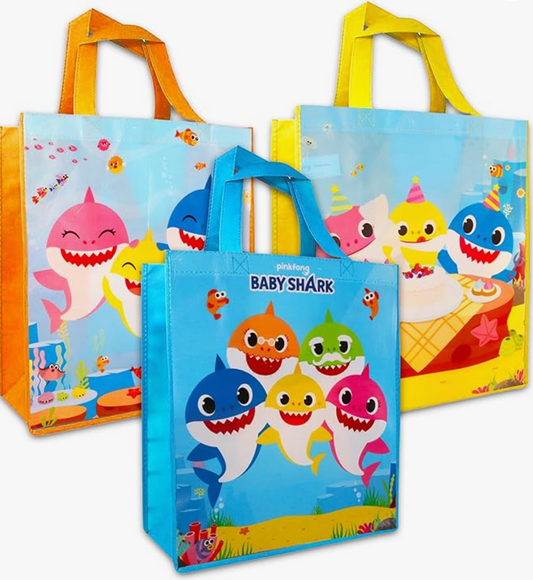 Screen Legends Baby Shark Tote Bag Bundle - 3 Large Baby Shark Reusable Grocery Bags, Travel Totes for Kids Party Supplies, Party Favors  | Baby Shark Reusable Tote Bag